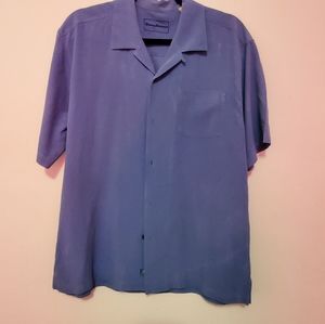 Tommy Bahama Men's Button Down Shirt Size Large Blue 100% Silk Short Sleeve